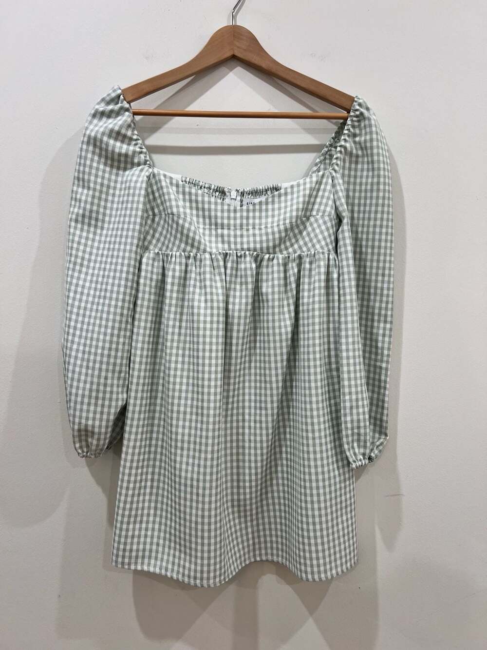 Gianni Bini Kennedy Gingham Print Long Sleeve Babydoll Mini Dress Sage Cream 0